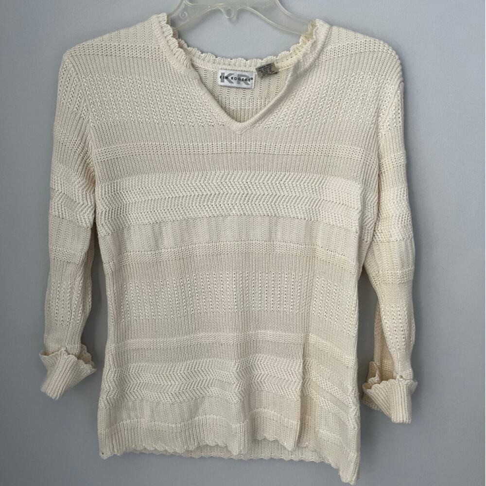 VTG Knit Sweater Pullover Cottagecore Coastal Nancy Meyers Scallop Petite Medium